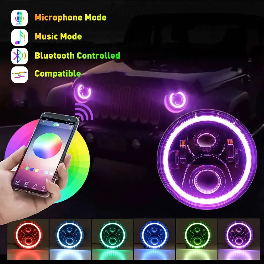 Universal 7 Inch Jeep Style RGB Angel Eye Projector Headlight - App Control