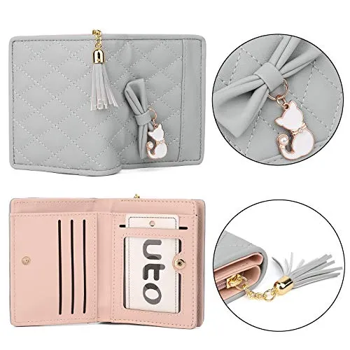 UTO Women PU Leather Small Wallet Cat Pendant Card Phone Holder Zipper Coin Purse Zoey Grey