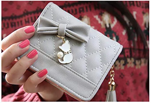 UTO Women PU Leather Small Wallet Cat Pendant Card Phone Holder Zipper Coin Purse Zoey Grey