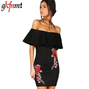 VenusFox Off Shoulder Ruffle Bodycon Embroidery Mini Dress