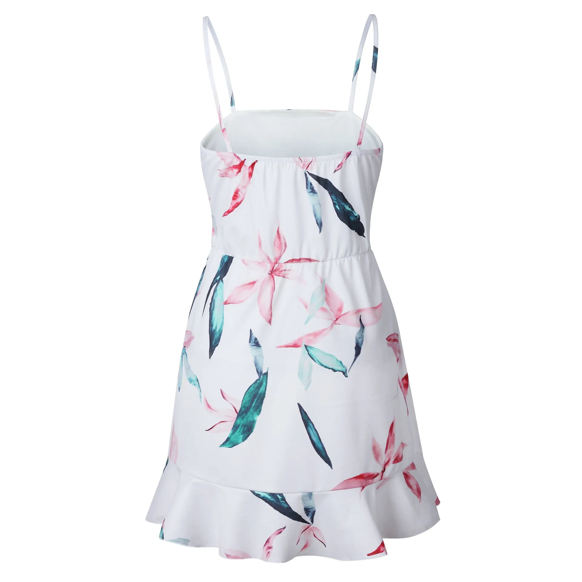 VenusFox Women Summer Leaf Print Sashes Boho Sleeveless Beach Strap Dresses