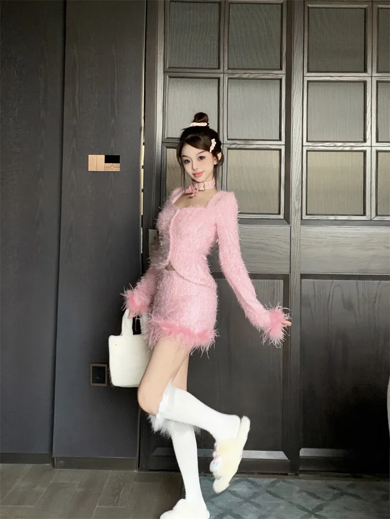 Winter Elegant Sweet Pink Feather Jacket Mini Skirt Two Piece Set