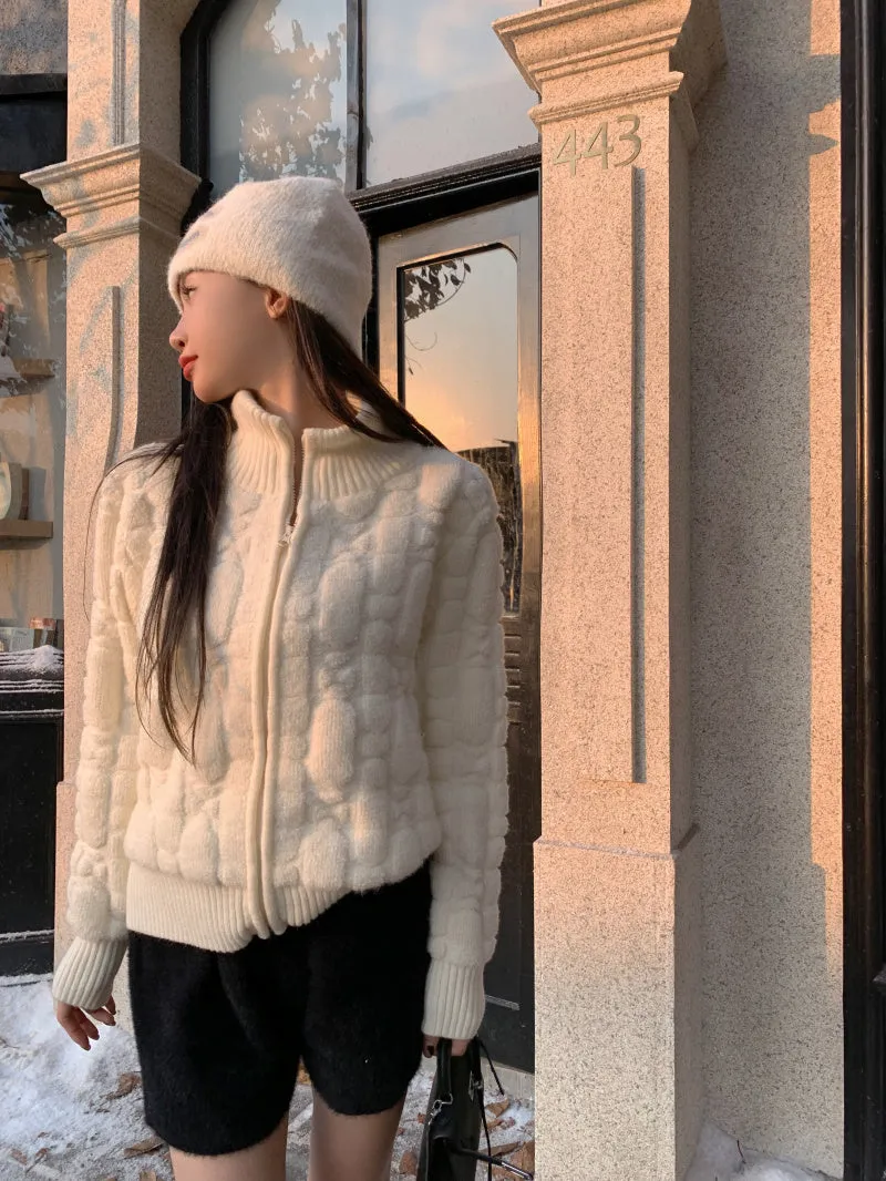 Winter Turtleneck Plush White Zipper Sweater Jacket