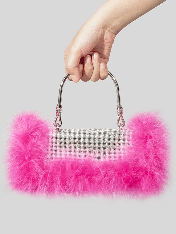 Women's Furry Rhinestone Evening Clutch Bag