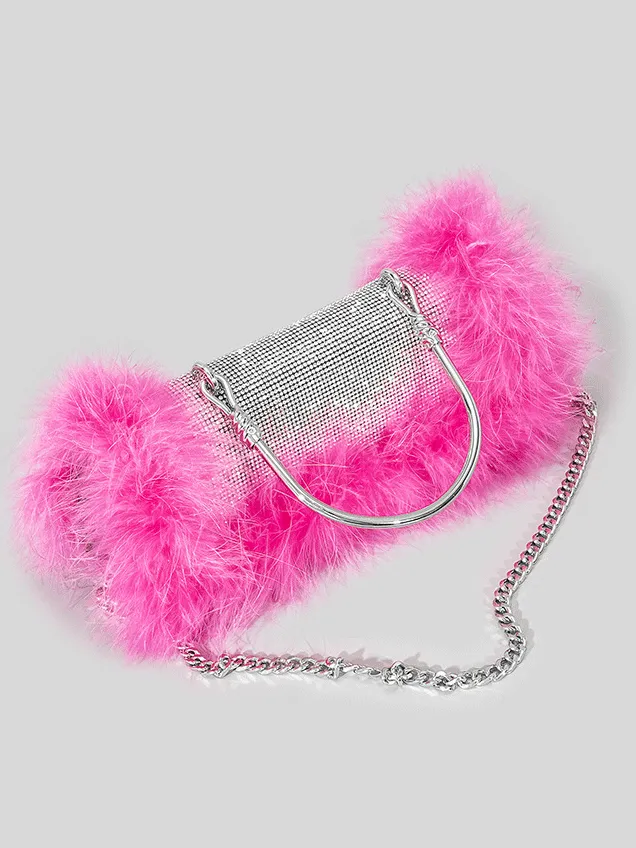 Women's Furry Rhinestone Evening Clutch Bag