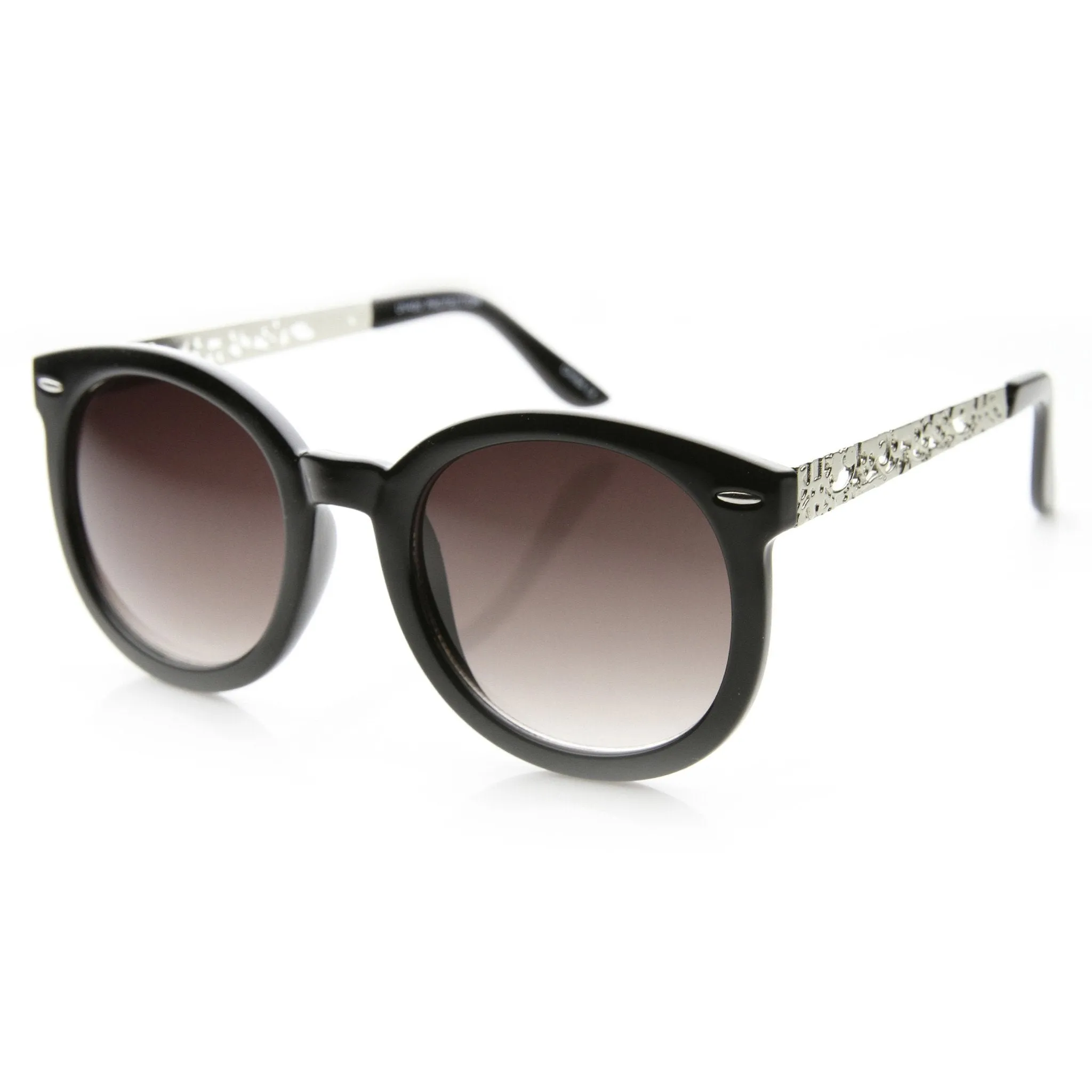 Women's Oversize Metal Pattern Cut Out Temple Round Sunglasses 9604