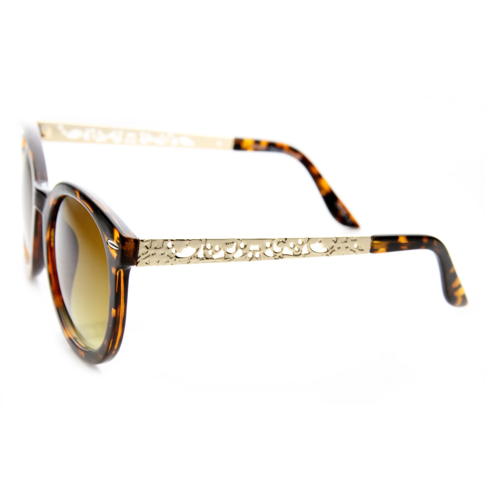 Women's Oversize Metal Pattern Cut Out Temple Round Sunglasses 9604