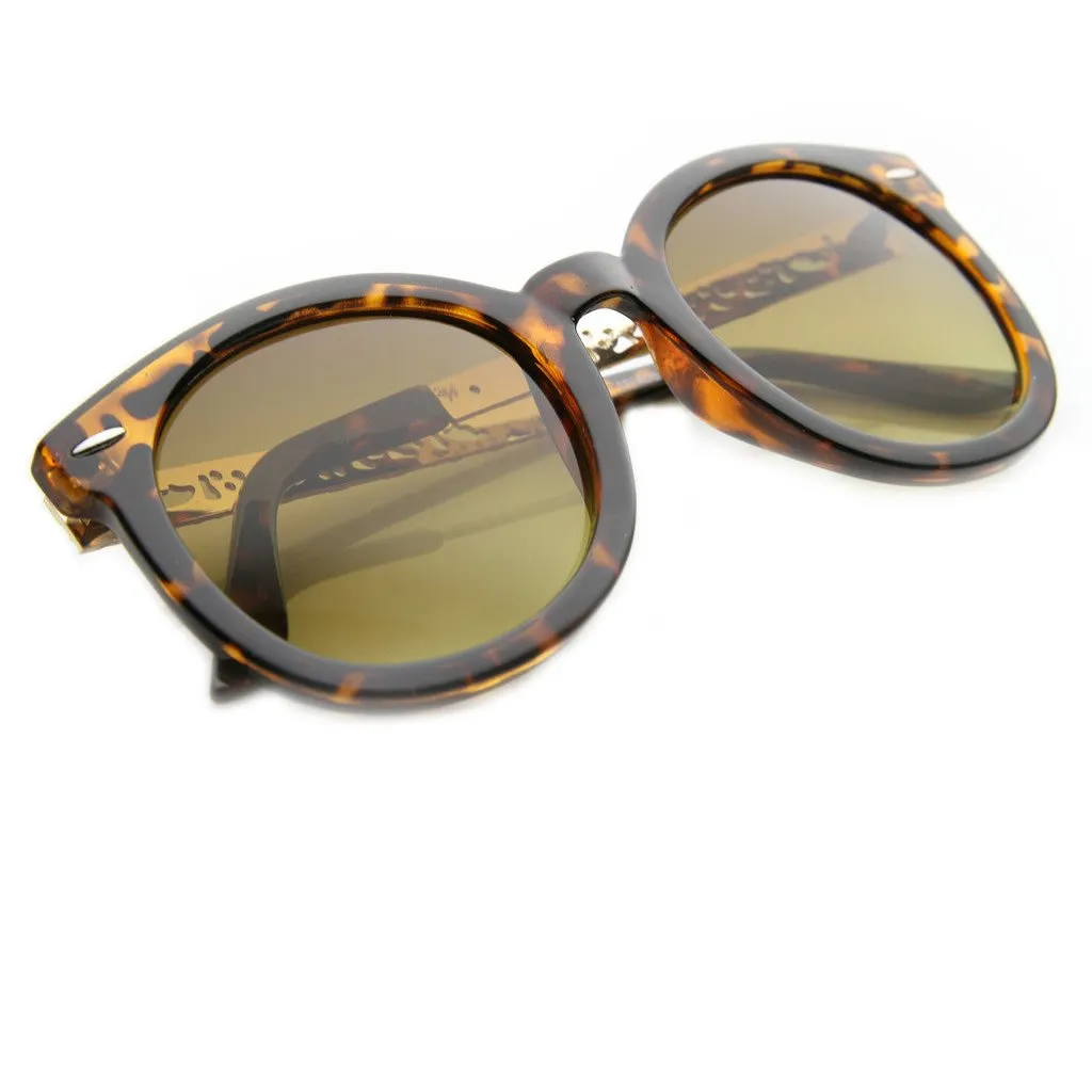 Women's Oversize Metal Pattern Cut Out Temple Round Sunglasses 9604